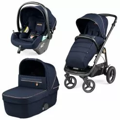 Peg Perego Trio Veloce TC Con Passeggino Dalle Sospensioni Regolabili, Culla Gran Pagoda E Ovetto Auto Primo Viaggio Lounge I-Size - Blue Shine