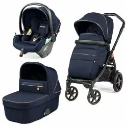 Peg Perego Trio Book Con Passeggino, Culla Gran Pagoda E Seggiolino Auto Primo Viaggio Lounge I-Size - Blue Shine